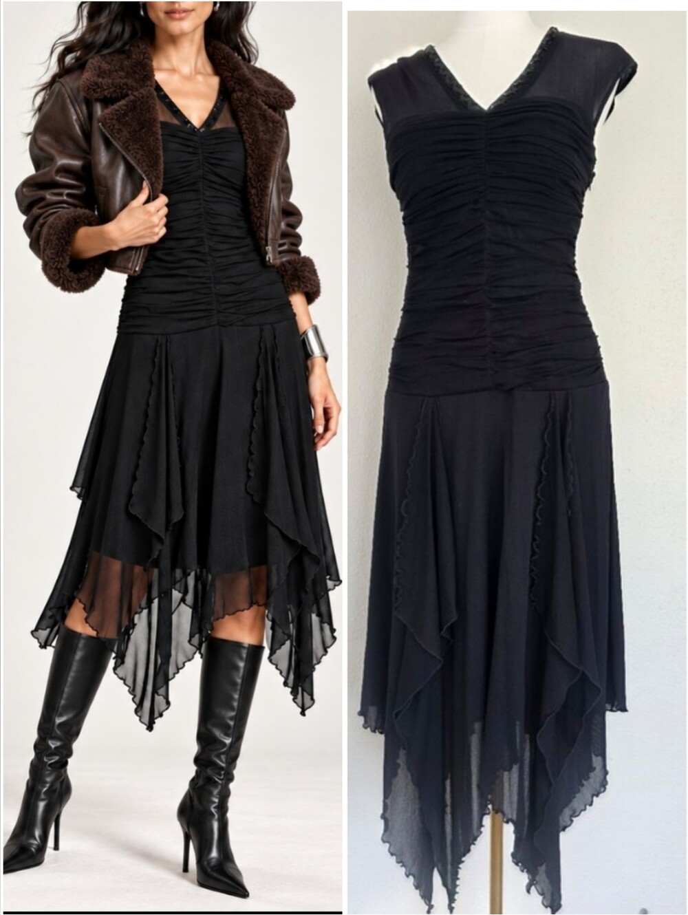 Sangria Black Ruched Mesh Handkerchief Hem Midi Dress Whimsigoth Size 8